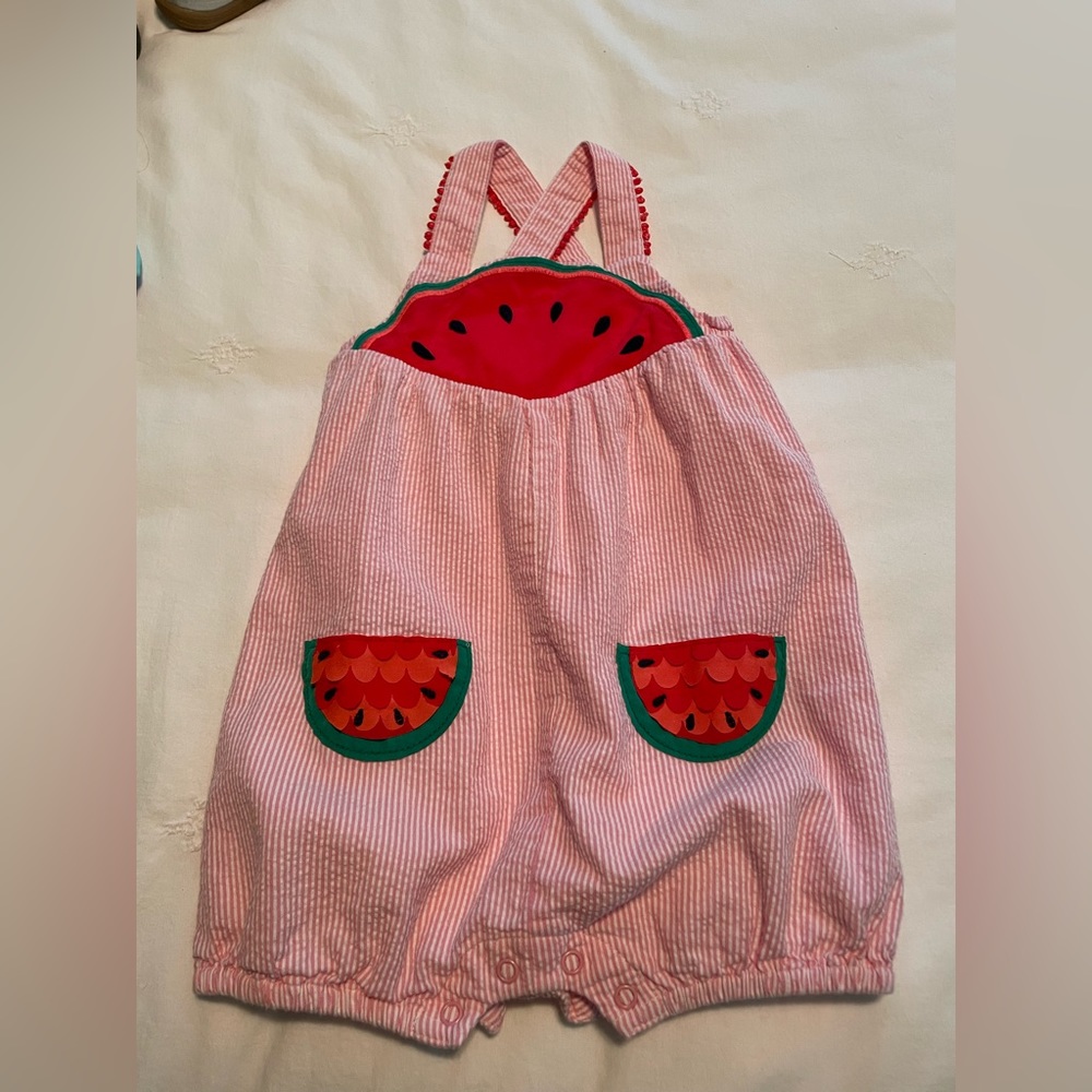 Mini Boden Baby Watermelon Ticking Stripe Romper, Pink, Size 18-24 m